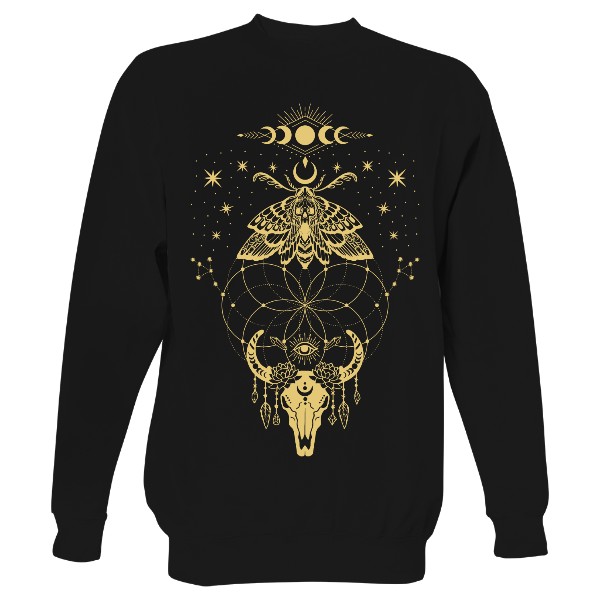 Mikina bez kapuce Unisex s potiskem BOHO býčí lebka béžová